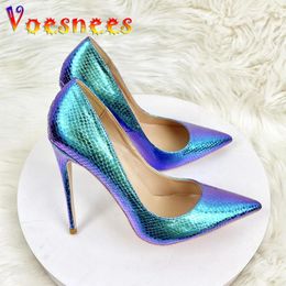 Dress Shoes Women Blue Snakeskin High Heels 2024 Shiny Wedding Pumps Pointed Toe Party 12CM Holographic Elegant Stilettos