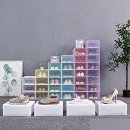 Storage Boxes Bins Thicken Clear Plastic Shoe Box Dustproof Transparent Candy Colour Stackable Shoes Organiser Drop Delivery Home G Dhjde