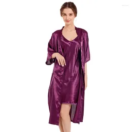 Home Clothing Spring And Autumn Women's Pyjamas Solid Colour Sexy V-neck Nightgown With Two Sets Of Long Ice Silk Wear Women
