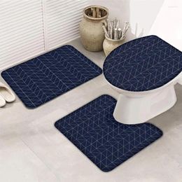 Bath Mats Rugs Set Of 3 Navy Blue Striped Zigzag Non Slip Bathroom Rug U-Shaped Contour Toilet Mat Lid Cover Geometric