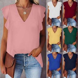 Women's T Shirts Casual Chiffon Blouse Chic Irregular Back Patchwork Solid Colour Pullover Fashion V-Neck Ruffles Short Sleeve T-Shirt Top