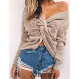 Women's Sweaters Retro V Neck Twisted Back Sweater Women Jumpers Autumn Pullovers Casual Tops Long Sleeve Knitted Pull Femme Xnxee