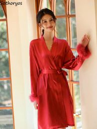 Home Clothing Robes Women Feather Spliced Ice-silk Bridesmaid Sexy Bathrobe Solid Elegant Sleepwear Korean Fashion Ladies Loungewear Spring