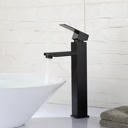Bathroom Sink Faucets 304 Stainless Steel Tall Square Black Brushed Flat Head Matted Face Basin Faucet
