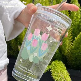 Wine Glasses Korean Tulip Cup With Lid Glass Portable Water Straw Cold Drink Milk Juice Tumbler Girl Coffee Gifts