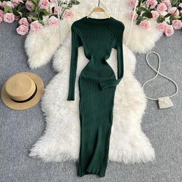 Casual Dresses YuooMuoo Autumn Winter Women Korean Knitted Dress Sexy Wrap Hips Slim Elastic Bodycon Pencil Long Sleeve Sweater