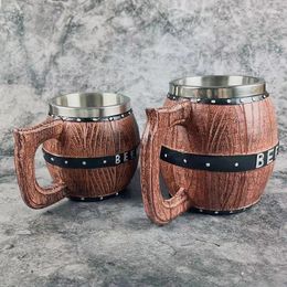 Mugs Large-capacity Imitation Wood Barrel Beer Mug Resin Stainless Steel Liner Coffee Creative Viking Style Bar Wine Glass