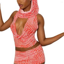 Work Dresses Women Two Piece Outfits Sleeveless Plaid Halter Vest Crop Top And Wrapped Short Skirt Set
