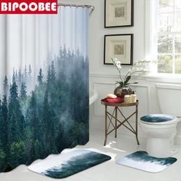 Shower Curtains Cloud Forest Curtain 3D Digital Landscape Print Bathroom Non-slip Rug Toilet Cover Lid Bath Mats Home Decor