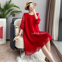 Casual Dresses Miyake Fold 2024 Spring Embroidered Dress Lantern Sleeve Long A-line Skirt