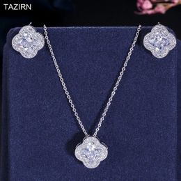 TAZIRN Lucky Four Leaf Grass Cubic Zirconia Pendant Necklaces and Earrings Sets for Women Wedding Party Prom Jewellery Accessories 240402