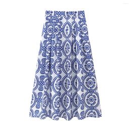 Skirts Long Prints Skirt Pleated Back Zipper Ankle Length Casual Bottom Wear Women's Clothing For Spring Summer