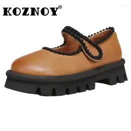 Dress Shoes Koznoy 3.5cm Retro Ethnic Ladies Luxury Non Slip Shallow Mary Jane Genuine Leather Women Spring Round Toe Platform Wedge