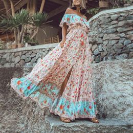 Party Dresses Women Summer Dress Bohemian Printed Pleats Long Off Shoulder Chiffon Beach Maxi Ladies Vestidos