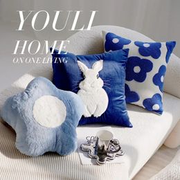 45x45cm Nordic Modern Plush Cute Blue Flowers Rabbits Pillow Cover Cushions Cover Pillowcases for Sofas Living Rooms Home Decor 240402