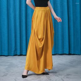 Skirts Love Silk Elastic Golden Twill Natural Waist Invisible Side Pull Fold Design Sense Loose Summer Women's Long 2024 CE81