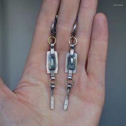 Dangle Earrings Rectangle Crystal Green Bead Inlaid Antique Metal Long Pendant Ear Ornaments For Women Holiday Gift