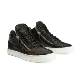 Casual Shoes Black Crocodile Leather Prined Pattern Lace Up Sneakers Men Round Toe Front Lace-Up Fastening Side Zip Flats