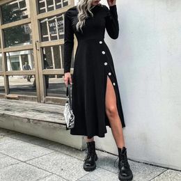 Casual Dresses Lady Solid Colour High Waist Commute Pullover Dress Elegant O Neck Long Sleeve Split Fashion Button