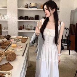 Casual Dresses Korea Sweet And Chic Stretch-breasted White Long For Women 2024 Summer Elegant Square Neck Sleeveless Slim Dress