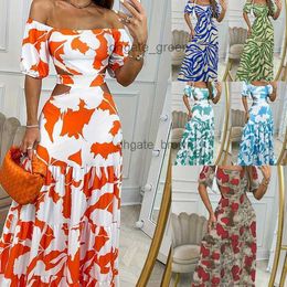 Summer style womens printed one line collar elastic waist large hem long dress vacation dress