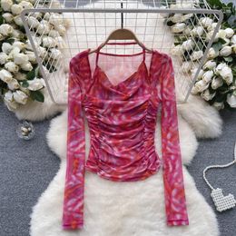 Women's T Shirts SsTss Chic Summer Tie Dye Print Shirt Women Casual Streetwear Sexy Halter Collar Long Sleeve Ruched Bodycon Crop Tops