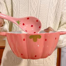 Bowls Strawberry 10 Inch Pumpkin Soup Bowl Large Spoon High Appearance Ceramic Anti Scalding Underglaze Colored Girl Heart Tableware