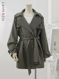 Women's Trench Coats LANMREM Korean Style Gray Short Windbreaker Lapel Belt Gathered Waist Double Breasted Coat 2024 Spring 32C632