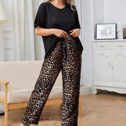 Home Clothing Leopard Pants Short Sleeve Pyjamas Set Large Size 3Xl 4Xl Pyjama Pour Femme Loose Clothes Women Cotton Nightwear Loungewear