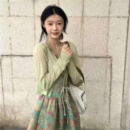 Women's Knits Summer Autumn Women Sun-proof Cardigans Sexy Lace Up Design Thin Korean Fashion Shrugs Loose Long Sleeve Crop Tops Shawl