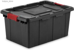Waste Bins 15 Gal Industrial Tote Stackable Storage Bin with Latching Lid Plastic Container with Heavy Duty Latches Black Base L46