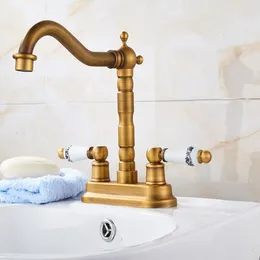 Bathroom Sink Faucets Antique Brass 4" Centerset Two Holes Basin Faucet Mixer Tap Swivel Spout Double Ceramic Levers Mnf425