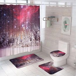 Shower Curtains Rustic Winter Scenery Curtain Set Natural Snow Forest Starry Sky Pine Tree Flannel Bath Mat Bathroom Rug Toilet Lid Cover