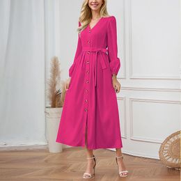 Casual Dresses A Line Office Lady Long Women's Single Breasted Belted Slim Fit Maxi Dress Female Solid Color Shirt Robe