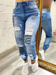 Women's Jeans D8534 Fashion Letter Perforated Small Foot Wash White Loose Leg