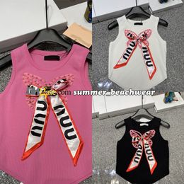 New Beaded Knit Vest Designer Tank Top Bow Ribbon Knit Tops Women Knits Tee Summer Crew Neck Sleeveless Knit Vest