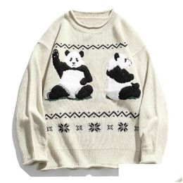 Men'S Sweaters Hip Hop Streetwear Chinese Panda Work Men Knitted Sweater Autumn Harajuku Oversize Cotton Plover Drop Delivery Apparel Dhupy