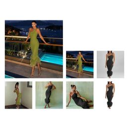 Grundlegende lässige Kleider Cutistation Faux Feder Saum Abendkleid für Frauen Single Gurt y Elegant Bodycon Maxi Quasten Grüne Luxus otjjx