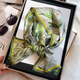 Scarves Women Light Green Long Silk Scarf Hairband Spring Fall Fashion Floral Pattern Brand Pure Ribbons Floulard
