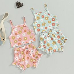 Clothing Sets Summer Born Baby Girls Ribbed Flower Print Sleeveless Tanks Tops Ruffles Shorts Toddler Casual Tracksuits