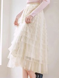 Skirts Spring Summer Women Tutu Cake Long Pleated Elegant All Match Female Mesh Loose Solid A-line Party Faldas