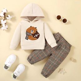 Clothing Sets 3-24 Months Baby Boy And Girl Set Cute Bear Print Long Sleeved Hoodie Plaid Pants Autumn&Winter Warm Clothes