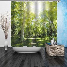 Shower Curtains Green Forest Bamboo Painting Curtain Fabric Hook Polyester Washable Durable Bathroom Modern For Decor