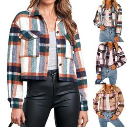 Custom Ladies Brushed Plaid Shirts Long Sleeve Lapel Cropped Coat Button Flannel Shacket Wholesale Winter Outdoor Womens Jacket