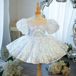 2024 blue pink Flower Girls Dresses sequined girl party dress For Weddings bling Lace Appliques Ball Gown Birthday Girl frist holy Communion toddler Pageant Gowns