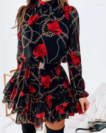 Casual Dresses Womens 2024 Spring Fashion Rose Chain Print Mock Neck Long Sleeve Daily Mini Layered Dress With Belt