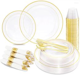 Disposable Dinnerware 210Pcs Clear Gold Plastic Plates And Includes 30 Dinner 10.25" Dessert