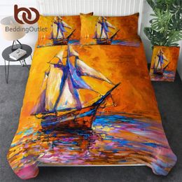 Bedding Sets BeddingOutlet Sailboat Set Oil Painting Duvet Cover Sunset Seascape Bedclothes Yacht Boat Modern Impressionism Bedspread