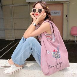 Totes Corduroy Shoulder Bag Flowers Embroidery Female Literary Cloth Handbag Casual Tote Eco Simple Shopping Bags For Girls