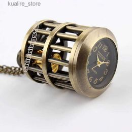 Pocket Watches Fashion design bronze bird cage pocket necklace pendants chain retro mens es relogio de bolso L240402